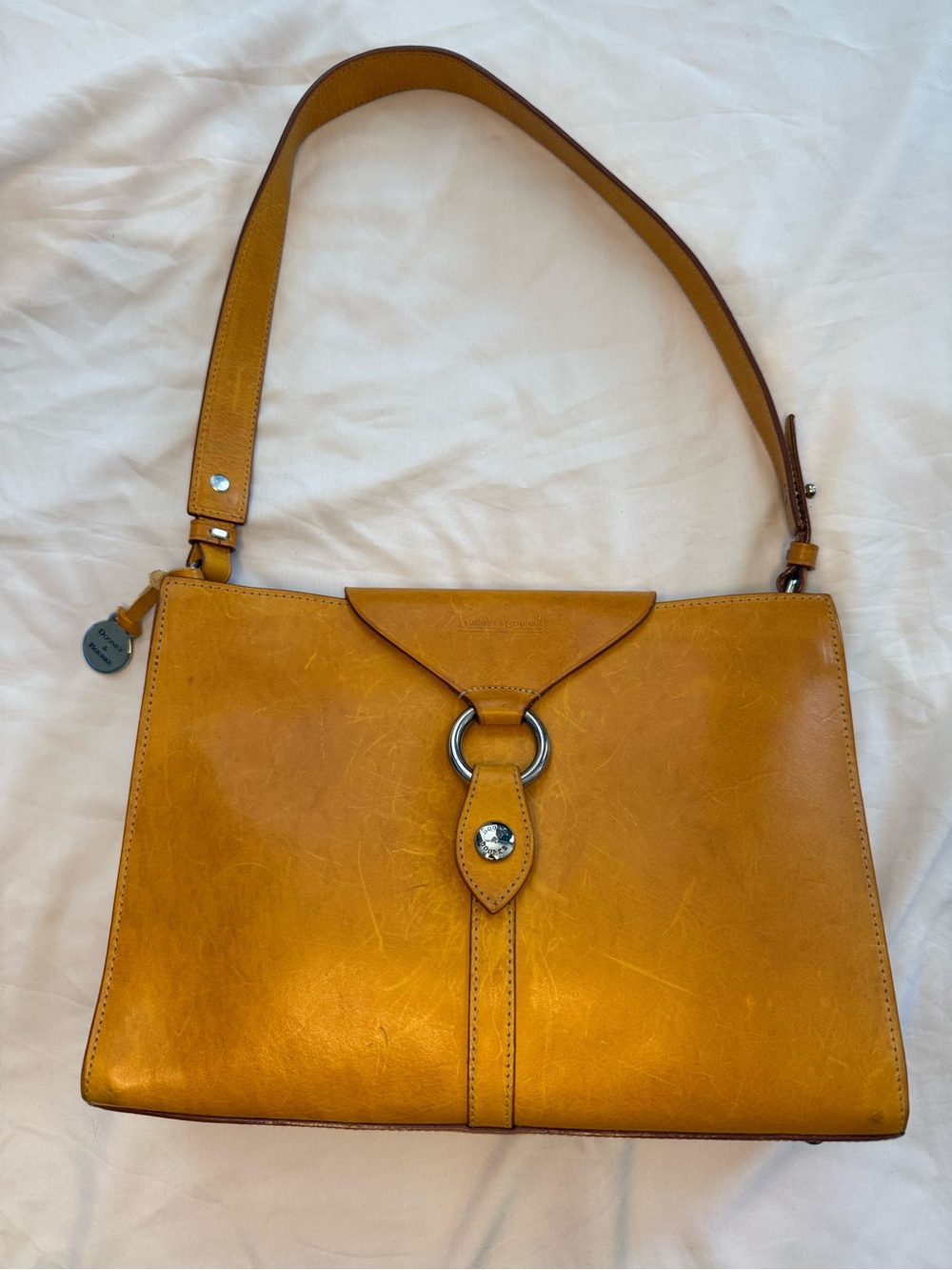 Dooney & Bourke Mustard Yellow Leather Shoulder Bag with Ring Accent
